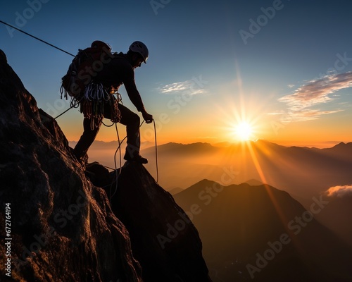 picture of mountian climbing in a beautiful sunset. photo
