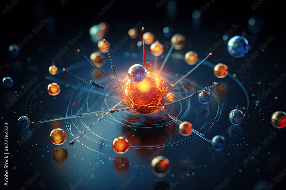 Atomic particles in a 3D illustration. Quantum Physics concept
