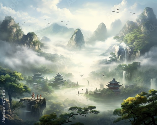 Chinese kung fu landscape is an artwork that depicts a serene Chinese.