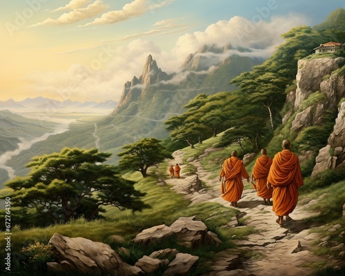 Chinese monks are walking on mountns with buddhist monks. photo