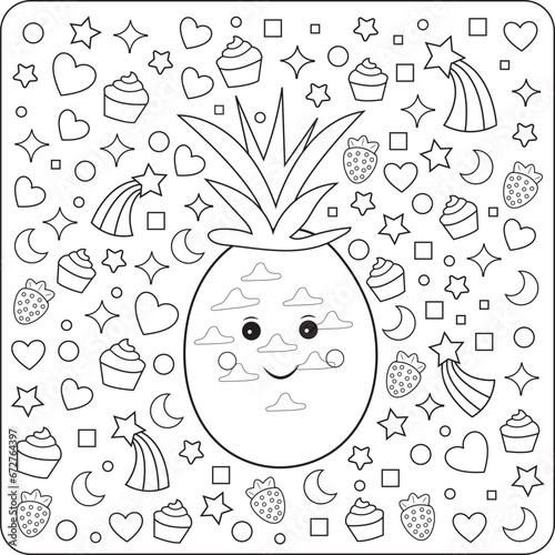 Cute kawaii pineapple coloring page for children and adults. Hand drawing vector illustration in black outline on a white background.