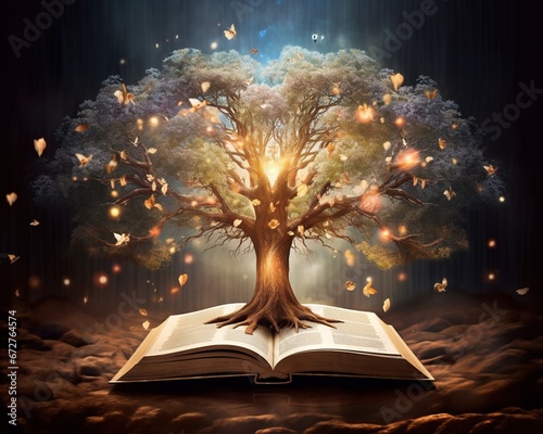 The tree symbolises knowledge and wisdom growing from the pages of the book. photo