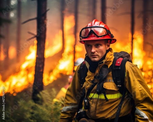 Fireman looks at burning forest as he works on fire.