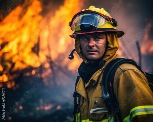 Fireman looks at burning forest as he works on fire. © Nipon