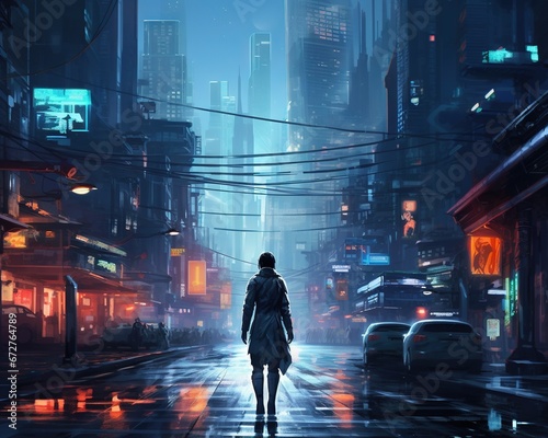 Walk down the street in a futuristic cyber city alone.