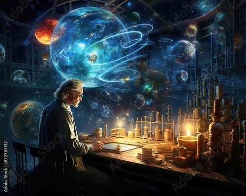 Fantasy astronomer workplace with planets and different sci-fi. photo