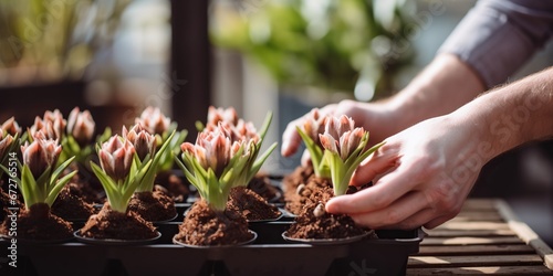 Hands of florist transplants bulb flowers in pots , concept of Nurturing greenery