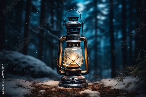 Christmas lantern with candles on snowy background, fir branch with rowan cones, and snowfall photo