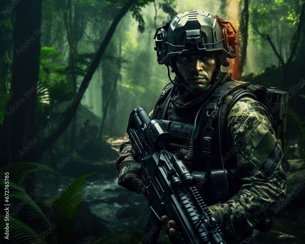 Soldier with military equipment in a forest warrior in a futuristic helmet.