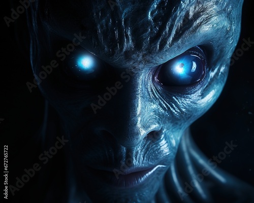 Scary blue alien of sentient being from deep space.