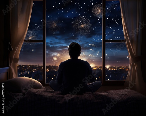 guy is sitting on a bed looking out at a firework display.