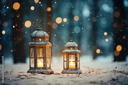 Snowy christmas lantern with burning candles, fir branch with rowan cones, snowfall and trees © Ilja