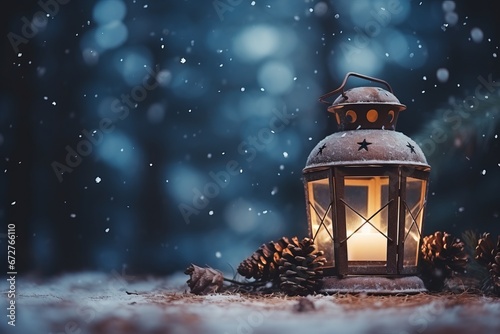 Christmas lantern with burning candles on snowy background with fir branch and rowan cones