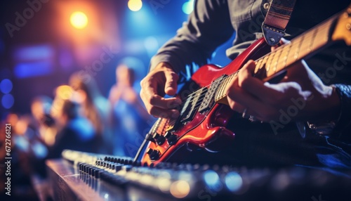 Energetic music band with talented guitarist creates captivating concert stage performance photo