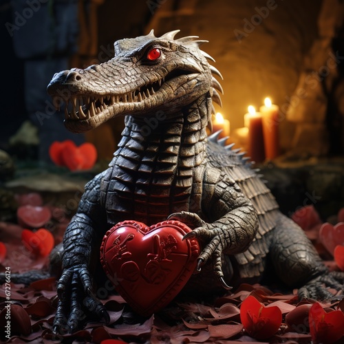 Toy cocodrile with candy Valentine red heart photo