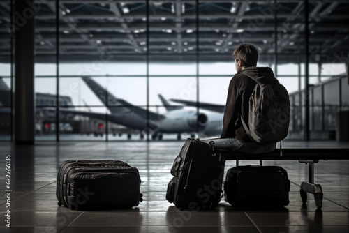 Man With Luggage Waits In The Airport Terminal