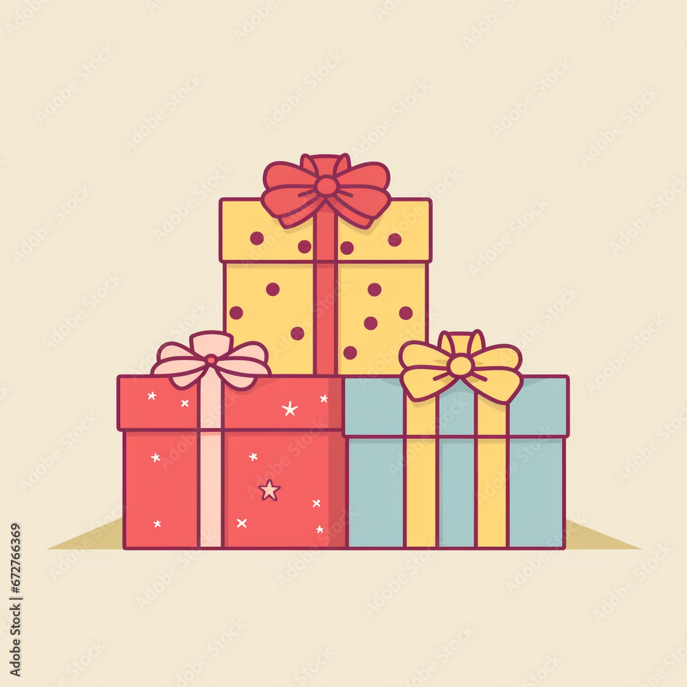 2D cartoon style illustration of several gift boxes tied with ribbons isolated on a plain background.