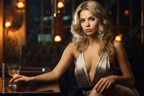 Woman Sitting At Bar With Whiskey In Luxurious Interior