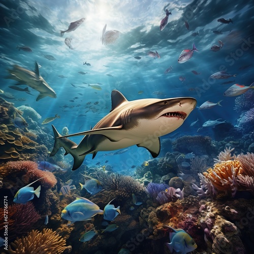 Blacktip reef shark attacking, swimming down the surface photo