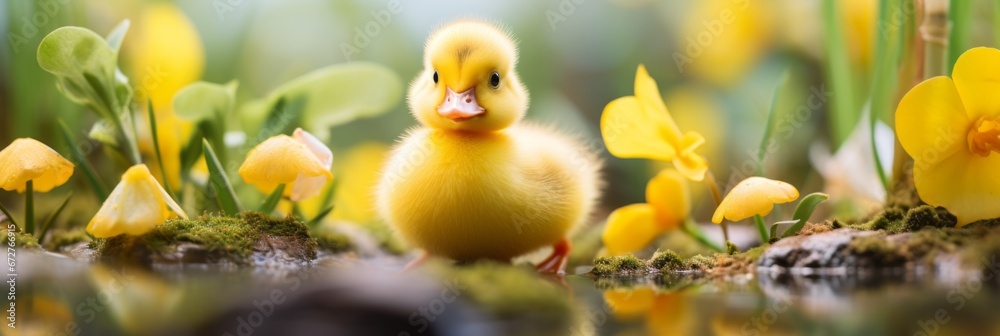 Cute and fluffy yellow duckling sitting on lush green grass with a festive easter themed background Cute and fluffy yellow duckling sitting on lush green grass with a festive easter themed background