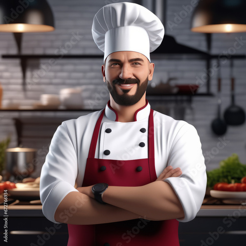 3D rendering of a cartoon chef of a man in the kitchen, gastronomy and restaurateur concept, generated by AI