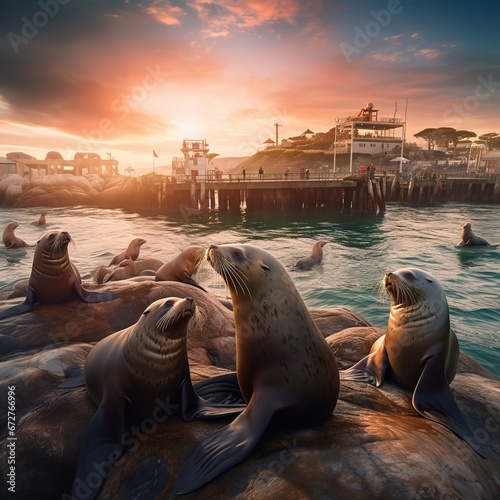 Sea lions and seals on the pier in Monterey, California photo