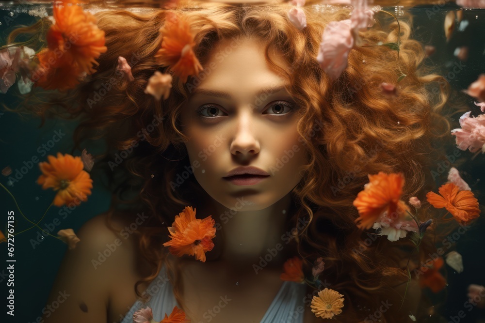 portrait of a beautiful european redhead girl underwater with fish and bubbles