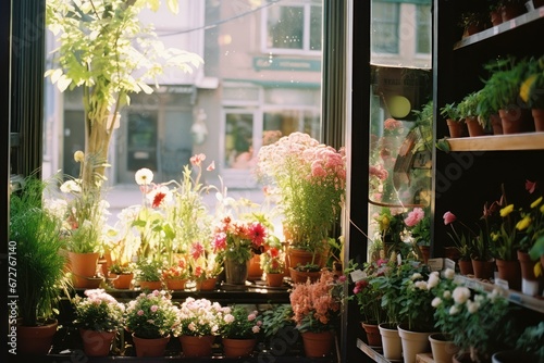 flower shop interior detail with green plants at sunny day in the style of street-photo