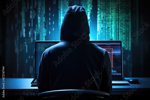 Hacker Committing Digital Cybercrime In Front Of Computer photo