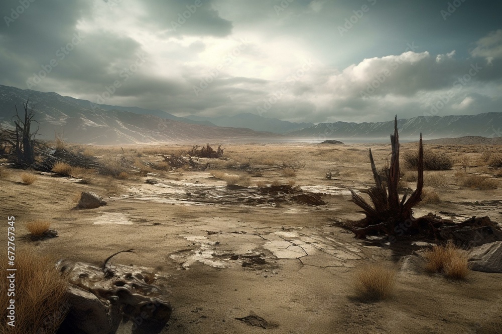 Barren terrain of post-apocalyptic desolation. Generative AI