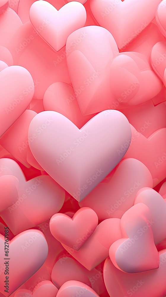 Modern Valentines day abstract pink background consisting of many 3D hearts. Vertical image