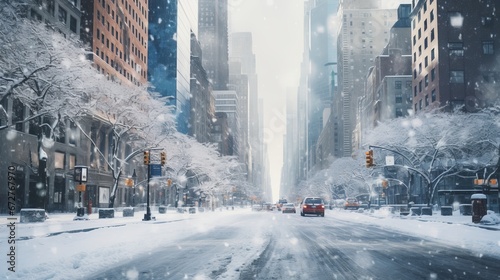 Fényképezés New York City Manhattan Midtown street under the snow during snow blizzard in winter