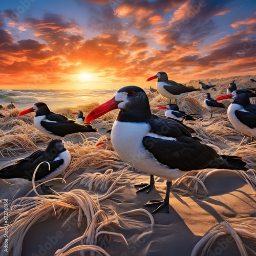 Black Skimmer birds sleeping on the beach photo