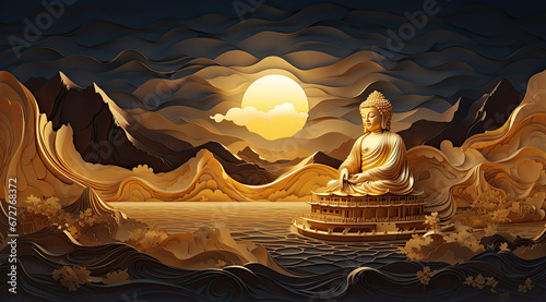 golden buddha meditating under the moon