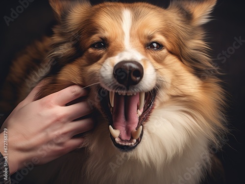 Aggressive shetland sheepdog tried to bite in hands photo