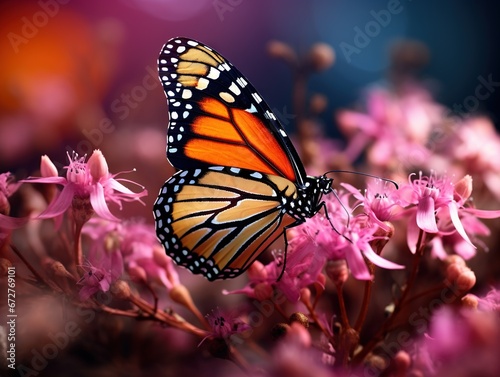 Macro photo of an orange, white and black monarch butterfly on a dying pink flower