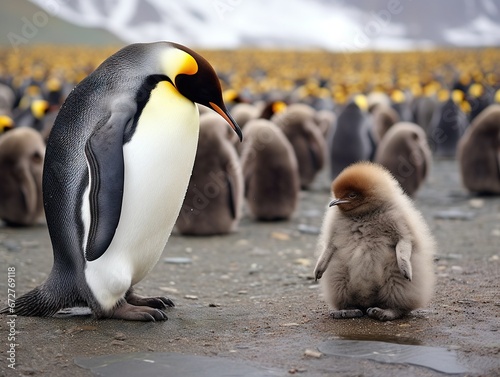 King penguins - Aptendytes patagonica - and cute fluffy penguin chick. Chick begging for food Gold Harbour South Georgia photo