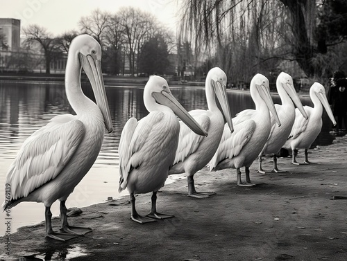 White pelicans by water. Black and white photo photo