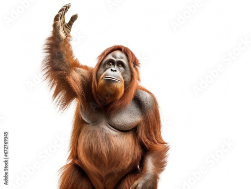 Bornean orangutan standing, reaching up, Pongo pygmaeus photo