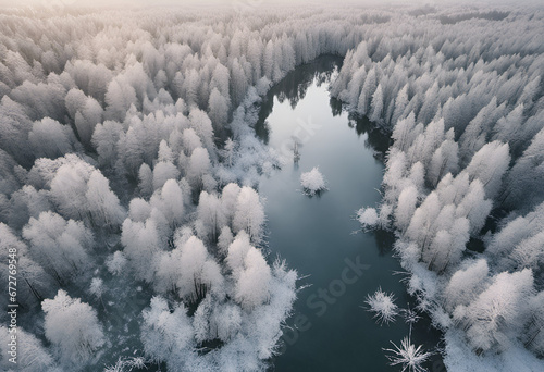 Frozen forest with a lake 