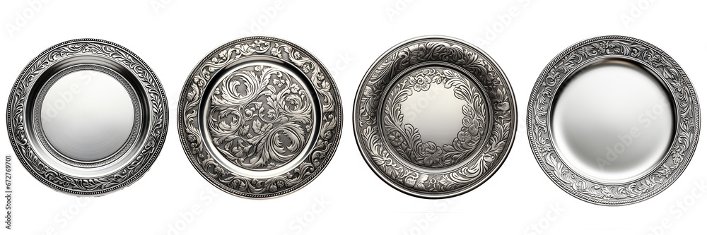 Collection of front view antique silver plate. Photo of ancient vintage plate. Isolated on white background. Generative AI - obrazy, fototapety, plakaty 