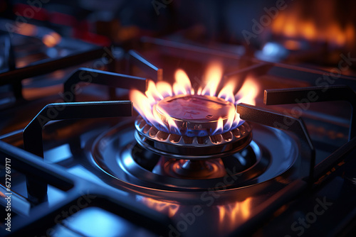 A burning on a gas stove with a blue flame, a close-up view, the motif of a gas price increase 