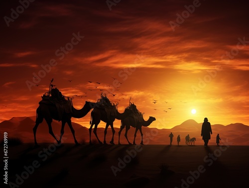 Desert fantasy  camels walking