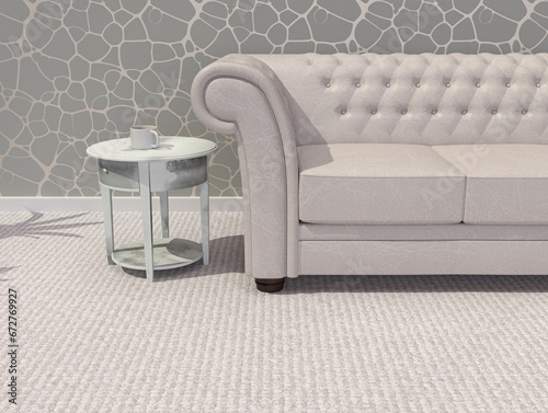 Interior Design - Sofa & Coffee Table in Neutral Colours (ID: 672769927)