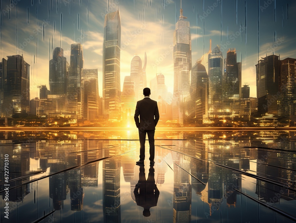 The double exposure image of the business standing back during sunrise overlay with futuristic cityscape image. The concept of