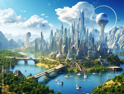 The abstract image of the futuristic cityscape island or the space colony on another space the concept of future fantasy constr photo