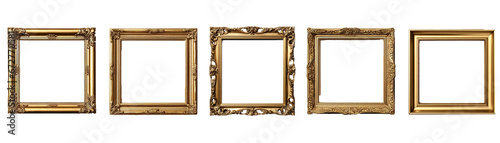 Collection of front view antique square golden picture frame. Photo of ancient vintage mirror frame. Isolated on white background. Generative AI