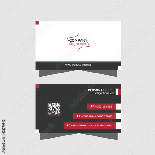 Simple, clean, corporate, modern, professional visiting card or business card layout design in black, white, red color with presentation. Company call card for contact.