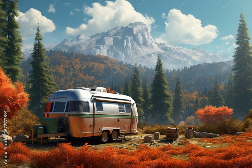 Trailer parked surrounded by scenic forest and mountainous backdrop. Generative AI