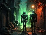 Two robots walking in narrow alley